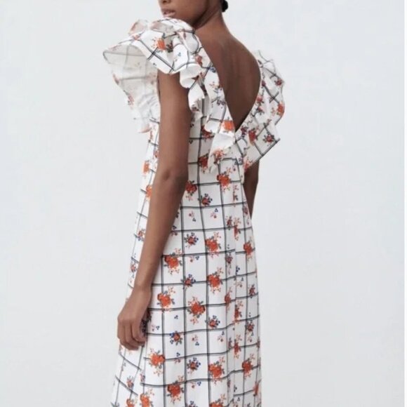 Zara white floral Blogger favourite plaid ruffle collar sleeveless midi dress M - Picture 4 of 16
